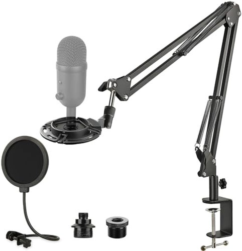 Rigych Razer Seiren V2 X Bras Support de Suspension Microphone, Réglable à Ciseaux Pied de Micro Support avec Filtre Pop, Suspension Antichoc, Robuste Pince C Table pour Micro Razer Seiren V2 X