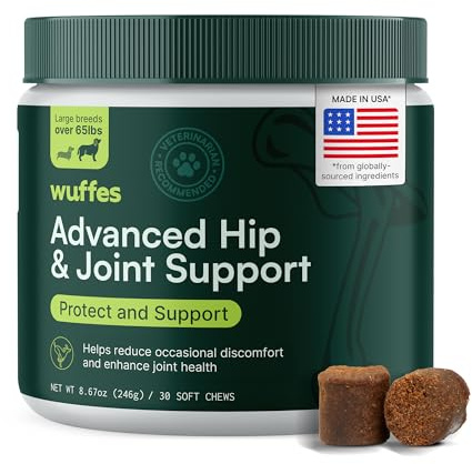 Wuffes Advanced Dog Hip and Joint Supplement with Glucosamine, Chondroitin, Omega 3, MSM, and Green Lipped Mussel, 30 Pork Flavored Chews for Large Dog Breeds