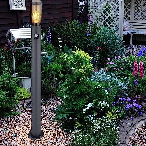 Wegeleuchte Bewegungsmelder Pollerleuchte außen Gartenlampen anthrazit IP44, Standleuchte Terrasse Balkon, Edelstahl rauchfarben, 1x E27 Fassung, DxH 12,7x110cm