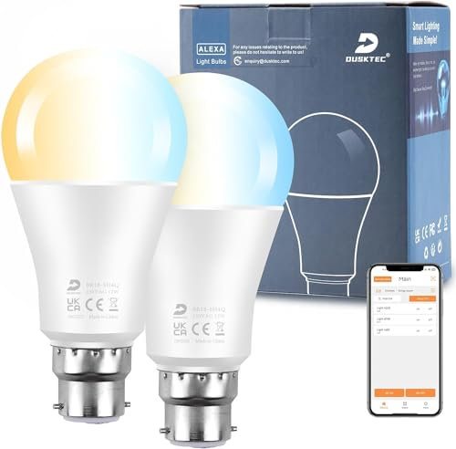 DUSKTEC Alexa Light Bulbs 2 Pack, 12W (120W Equivalent) Bayonet Light Bulbs Warm to Daylight White Dimmable, Bluetooth App Control B22 Base LED Bulb Timer, A60 Smart Light Bulb for Bedroom Living Room