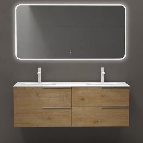 doporro Meuble de Salle de Bains 144 cm avec Double Lavabo Ensemble de 2 Pièces Vasque et Meuble sous Vasque Aspect de Chêne Design Vanessa