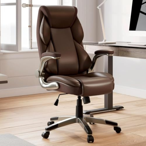 EUREKA ERGONOMIC Chefsessel Bürostuhl, PC Stuhl aus Kunstleder mit klappbaren Armlehnen, Schreibtischstuhl mit Hohe Rückenlehne und Höhenverstellbar, 360° Drehstuhl für Büro/Zuhause- Braun