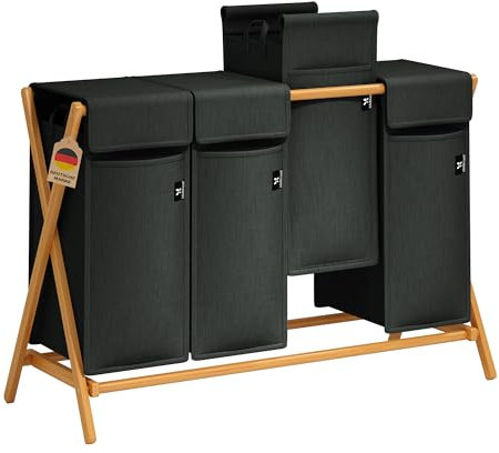 AdelDream 200L Wäschekorb mit 4 Fächern – Bambus Wäschesammler & Wäschesortierer, Wäsche Sortiersystem, X-förmige Wäschebox, Grau