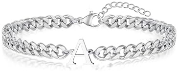 TOLOWOBK Valentines Day Gifts for Him Initial Bracelet for Men Women, Matching Couple Bracelets, Mens Silver Chain Letter A Stainless Steel Cuban Link Bracelets, Personalized Birthday Gifts Friends