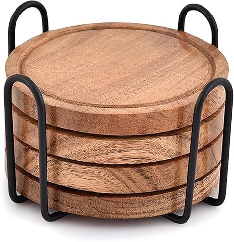 Indus Lifespace Coasters Set of 4 with Iron Holder for Dining Table Tabletop Protection Décor (10.16cm x 10.16cm x 1.27cm) (Set of 4)