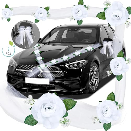 Autoschmuck Hochzeit Motorhaube Hochzeitsauto Dekoration Wedding Autogirlande Hochzeitsdeko für Auto Tischdeko Zimmerdeko mit 10 Saugnäpfen 2xTülle（1.6m）2x Schleife 1x Klebeband 12x Kabelbinder