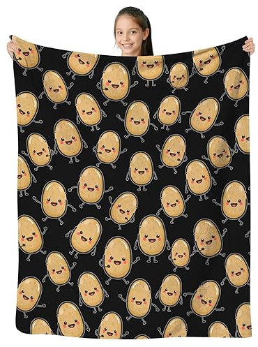 fifbird Süße Kartoffeldecke, Kawaii, Rotbraun, Kartoffel, Lebensmittel, schwarze Flanelldecken, weiches Fleece, Plüsch, lustige Herbstdecken und Überwürfe, 127 x 101,6 cm