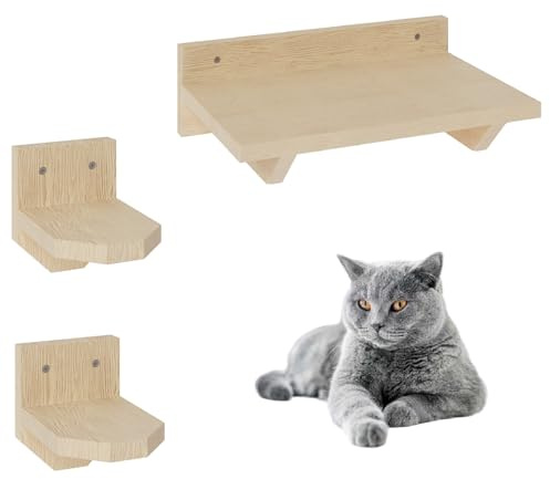 QLS Katzenliege Kletterwand Wandmontage Katzenmöbel Klettern Katzenwand Katzentreppe Katzenstufen Set 2 Stufen + 1 Bett