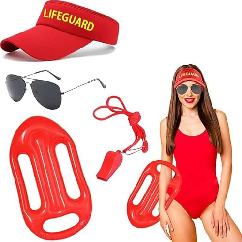 Aopier 4Pcs Baywatch Costume Accessories Set for Women, Lifeguard Costume Include Inflatable Float Sun Visor Hat Whistle Sunglasses for Adults Men Teenager Halloween Carnival Cosplay Party