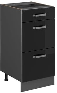 Vicco Küchenschrank R-Line, Schubladenschrank für die Küche, Schwarz Hochglanz, 40 cm AP Marmor