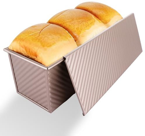 AKOLAFE Loaf Tin 2lb(1000g) Large Bread Tin Non Stick Pullman Loaf Tin with Lid Gold Bread Tin Carbon Steel Loaf Pan Loaf Tins for Baking Bread, 32x12x11 CM