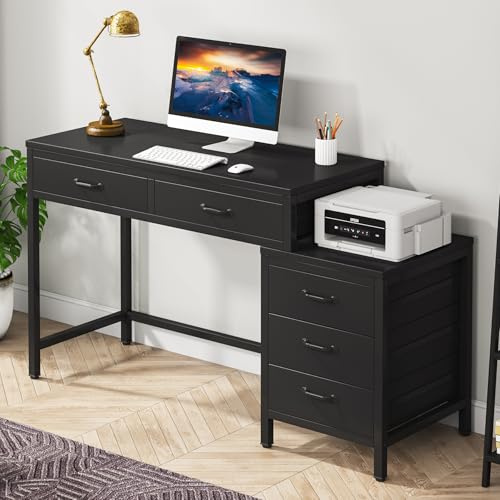 Tribesigns Escritorio para Computadora, Mesa de Oficina con 5 cajones, Escritorio para Computadora con Cajón Reversible, Soporte para Impresora para el hogar, 130x45x82cm, Negro