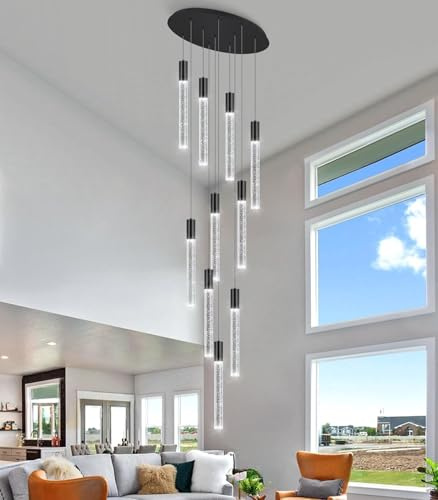 CNMKLM Hängelampe LED Dimmbare Modern Kristall Hängeleuchte Hohe Decke Foyer-Eingang Pendelleuchten Höheverstellba Kronleuchter Für Villa Esszimmer Korridor Treppe(Schwarz,10-lamps)