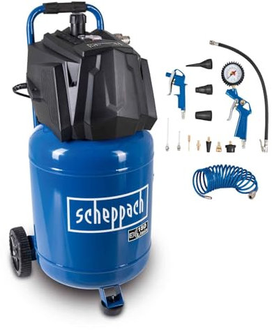 Scheppach Druckluft Kompressor stehend HC35V | 10bar Druck | 30L Kessel | 230V / 1500W | Ansaugleistung 180 l/min | ölfrei & wartungsarm | Druckminderer & 2 Kupplungen | inkl. 14-tlg. Zubehörset