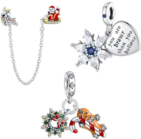 Rimgoris Charm-Anhänger aus 925er Sterlingsilber für Damen, Armbänder, Halskette, Weihnachtskutsche, Sicherheitskette, Süßigkeiten, Schneeflocke, Lebkuchenmann, Geburtstagsgeschenk zu Weihnachten