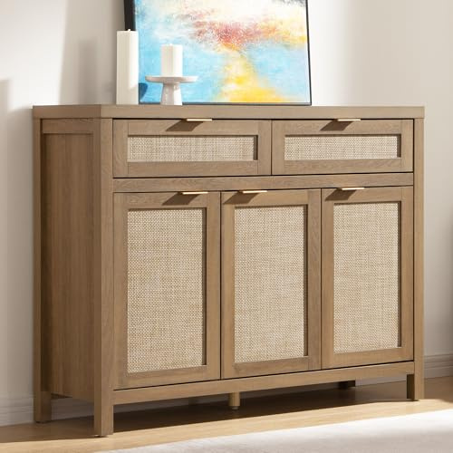 SICOTAS Rattan Sideboard Buffet Cabinet with Storage, Boho Credenza Accent Cabinet with 3 Doors and 2 Drawers, Farmhouse Console Coffee Bar for Kitchen, Living Room, and Entryway, Caramel Oak