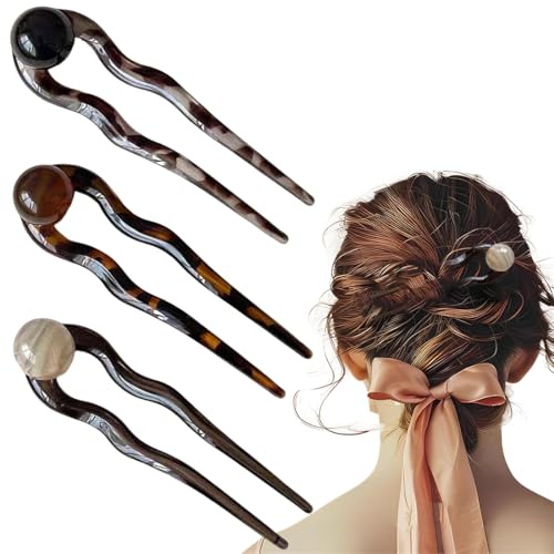 3 Stück U-Förmige Französische Haargabel, Kitsch Haarnadeln mit Drehung für Frauen Mädchen Brötchen Haarschmuck
