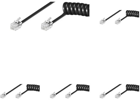 goobay 68002 Cornetta Telefonica Cavo a Spirale, Cavo Piatto con Spina Rj10 (4P4C) a Spina Rj10 (4P4C); Nero; 4 Metri (Confezione da 5)