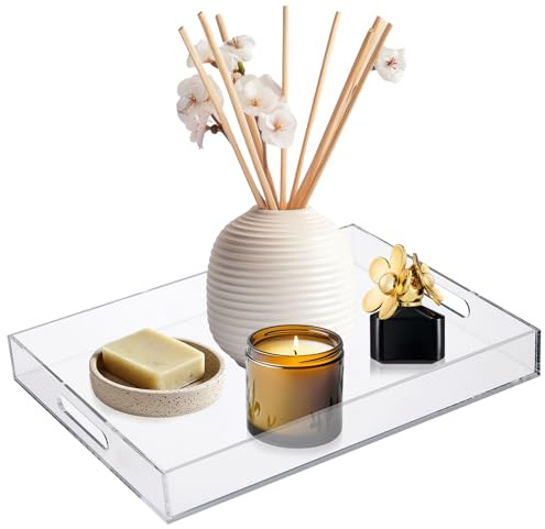 MYFULLY Plateau de service en acrylique transparent 30,5 x 40,6 cm, plateau de service décoratif anti-déversement avec poignées pour table basse, salle de bain, cuisine et comptoir de rangement