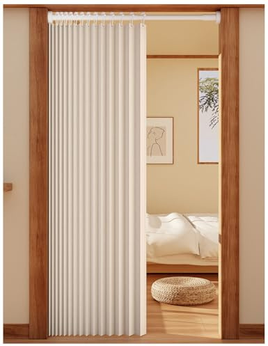 APMOE Türvorhang mit Teleskopstange, Ohne Bohren Türvorhang Kälteschutz, Raumteiler Vorhang Schallschutz Falttüren Innentüren(Weiß,Pole 80-100cm/curtain 100x250cm)