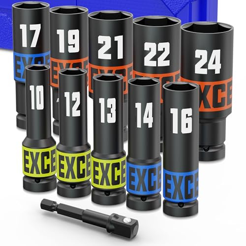 Arwealxs 11 Tlg Schlagschrauber Nüsse Satz, Schlagnüsse 1/2 Zoll, 10-24mm Kraft Stecknusse Set, Langnüsse mit Stecknuss Adapter für Autoreparaturen, Haushaltsreparatur