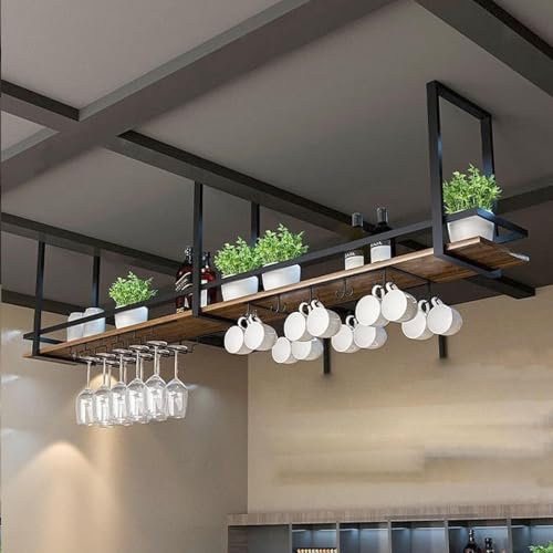 Portabottiglie Vino A Sospese Soffitto - Mensola A Soffitto, Espositore Sospeso In Legno Massello Di Ferro, Portabicchieri Per Vino Rovesciato A 1 Strato, Mensole Sospese Per La Cucina(60*30*50cm)