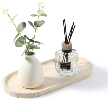 Natürlicher Marmor Tablett, Badezimmer Deko Tablett, Oval Marble Tray Kosmetiktabletts, Travertinstein für Wohnzimmer Schlafzimmer Bad Waschtische und Küchen, Dekotablett für Kerzen, Hellbeige