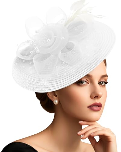 DRESHOW Mesh Damen Blume mit Perle Feder Fascinators Hut auf Einem Stirnband und Einem Gegabelten Clip Cocktail Tea Party Kopfbedeckung für Mädchen & Frauen Noble Kentucky Hut