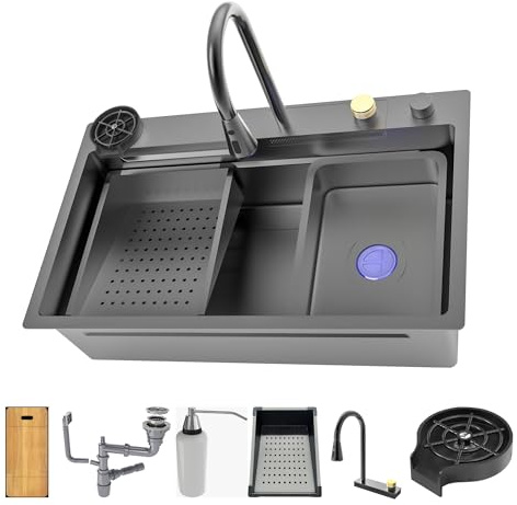 Cata Fregadero Sobre Encimera Cascada Viral Cubeta Cuadrada 75 x 45 cm Incluye Grifo Lavavasos Dispensador Tabla Escurridor Accesorios Color Gris Acero Inoxidable