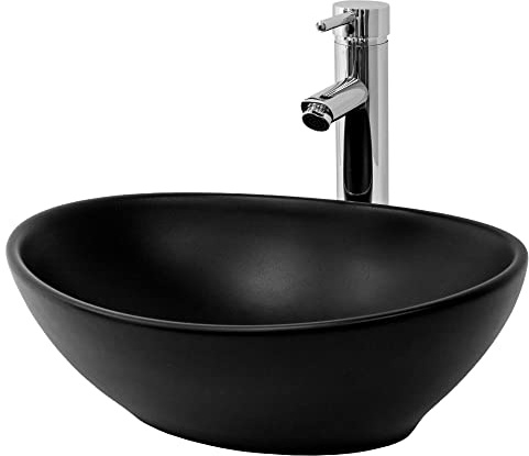 LuxeBath Waschbecken Keramik 410x335x145 mm, oval, Schwarz, Aufsatzwaschbecken für Badezimmer und Gäste-WC, Aufsatzbecken im modernen Design, Waschtisch Waschschale Waschplatz Handwaschbecken Becken