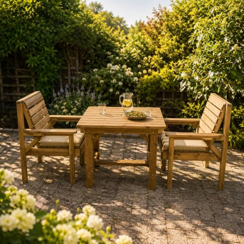 Fully Assembled 3ft Wooden Garden Furniture Set with 2 Chairs – Solid Redwood Outdoor Patio Dining Table and Chairs, Weather-Resistant Seating for Garden, Patio or Decking