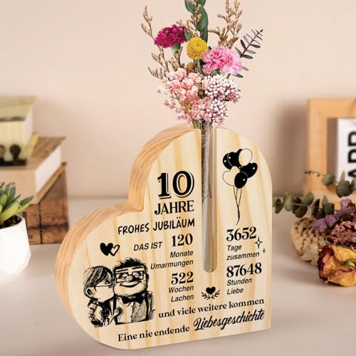 Rosenhochzeit Geschenke, 10 Jahre Hochzeitstag, Herzförmige Holzblumenarrangement-Ornament - Glücklich 10. Jahrestag Geschenk für Frau Mann Paare, Geschenke zum 10 Hochzeitstag, Rosenhochzeit Deko