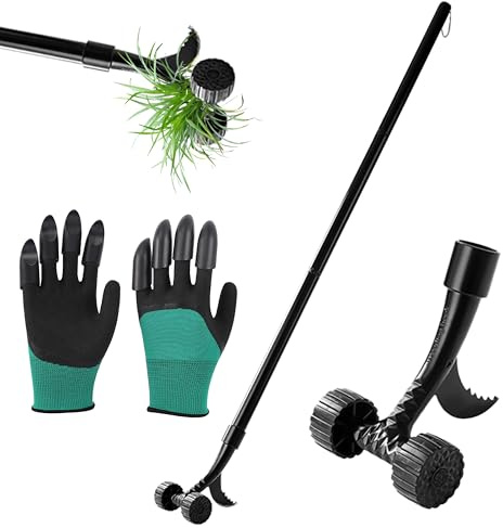 GwaOery Unkrautentferner Werkzeug Langstieliges Garten Unkrautbekämpfungswerkzeug mit Sichelroller Gartenhacke Unkrautstecher zum Entwurzeln Stehendes Wurzelentfernungswerkzeug ohne Bücken oder Knien