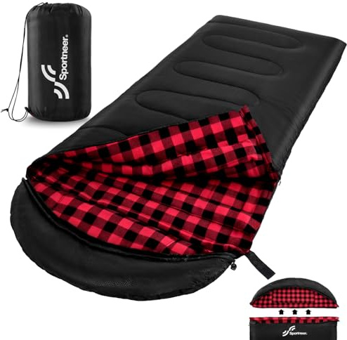 Sportneer Schlafsack Outdoor - Winterschlafsack Flanell 220 x 85 cm Schlafsack Winter mit Abnehmbarer Kapuze, Kompakt Deckenschlafsack 3-4 Jahreszeit Kaltes Wetter Outdoor Winter für Camping