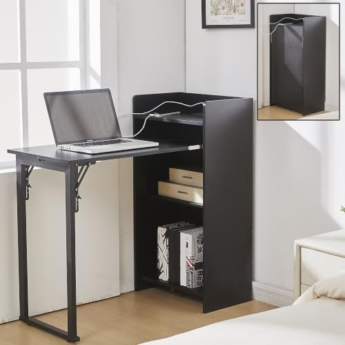 Schreibtisch Klappbar Wand – Wandklapptisch Klappschreibtisch platzsparend mit Regal & 3 Schubladen, Stauraum und integrierter Steckdose – Klappbarer Computertisch für Kleine Räume, 94 × 85 × 24 cm