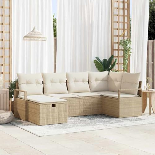 Yunovire Garten Loungesofa Set mit Kissen, 6-teilig, Beige Creme Poly-Rattan, modular, UV-beständig, 232x122x85cm für Terrasse Balkon