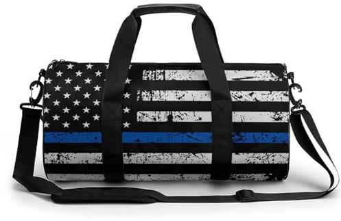 Thin Blue Line Flag Police Cylindrical Portable Fitness Bag, Large Capacity Handbag