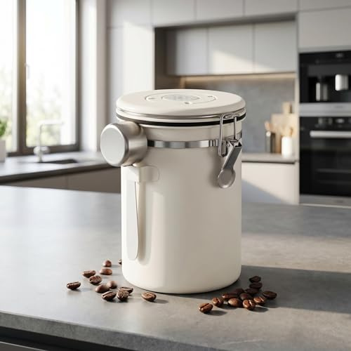 1.8L Kaffeedose Luftdicht, Kaffeebohnen Behälter aus Edelstahl Kaffeedose | kaffeedose luftdicht mit Datumsanzeige und Messlöffel Multifunktionales Kaffee Dose für Tee NüSse Kakao LäNger Frisch Bleiben