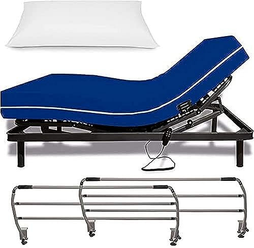 Duérmete Online - Cama Eléctrica Articulada Reforzada 5 Planos + Colchón Sanitario HR Funda Impermeable + Barandillas, Madera, 90x180