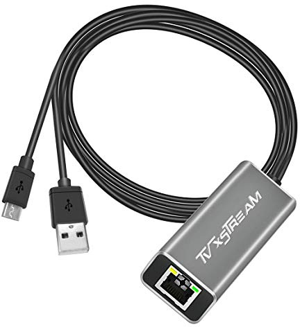 Silver USB Ethernet Adapter for Fire TV Stick Lite/4K/4K Max Firestick or Chromecast - USB to RJ45, 3ft (1m) Power Cable, Speeds up to 100 Mbps