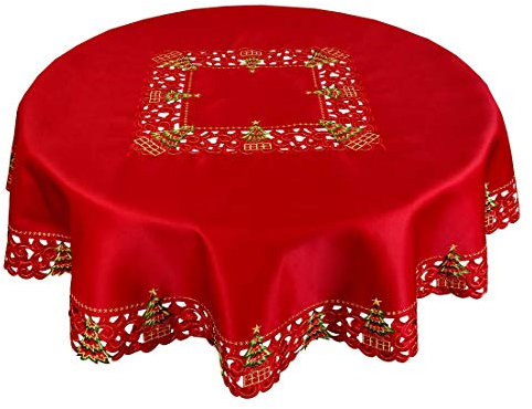 Grelucgo Bestickte Weihnachts-Tischdecke mit Stechpalmen-Baum-Motiv, 175 cm, runde Tischdecke