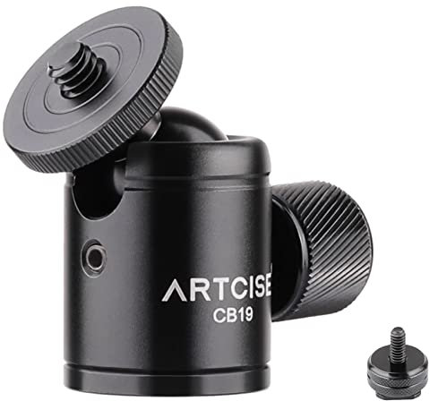 Mini Ball Head ARTCISE CB19 Tripod Ball Head with Removable 1/4 Hot Shoe Adapter, 360 Rotating CNC Panoramic Ball Camera Mount for Smart Phone/DLSR Camera/Flash Light/Monitor, Max Load 6.61lb/3kg