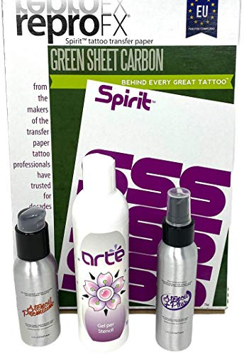SET: 10x SPIRIT Green Matritzenpapier + Abzugsflüssigkeit nach Wahl - INKgrafiX® Deutschland - PROFI STUDIO - IG54715 - Stempel Papier Abdruck Freehand Aloe Stencil Plus Arte Arté Matritzen Tattoo