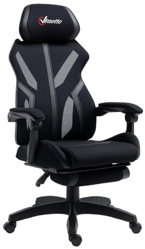 Vinsetto Silla Gaming con Reposapiés Retráctil 65x65x119-129 cm Negro | Silla de Oficina Giratoria Reclinable, con Reposacabezas, Altura Ajustable