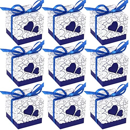 KMERCE 50pcs geschenkbox hochzeit klein, taufgeschenke, gastgeschenke geburtstag, Boxen für SüßIgkeiten Mit Band Neugeborene Babydusche,Geburtstag,Taufe Geburt Party-Blau-52 * 52 * 5cm
