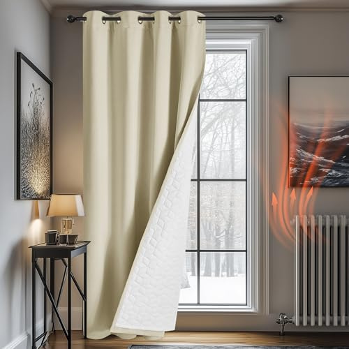 Deconovo Thermal Blackout Curtain, 90 Drop, Eyelet with Thick Microfiber Liner, WindProof Noise Reducing Beige Curtain for Bedroom, 52x 90, 1 Panel