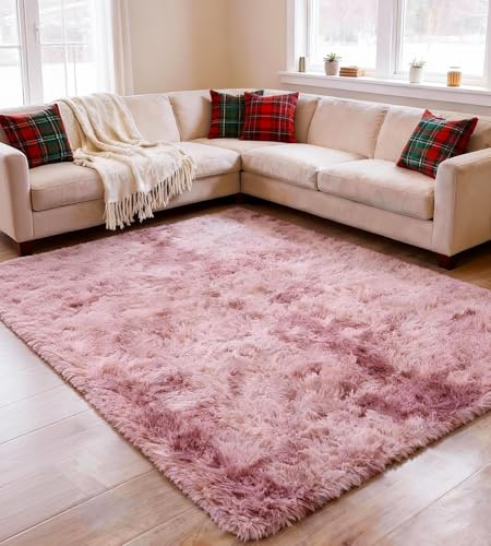 ROHATIM Teppich Wohnzimmer 120 x 160 cm rosa lila Waschbar Rutschfester Hochflorteppich Kinderzimmer Schlafzimmer Flauschiger Teppiche