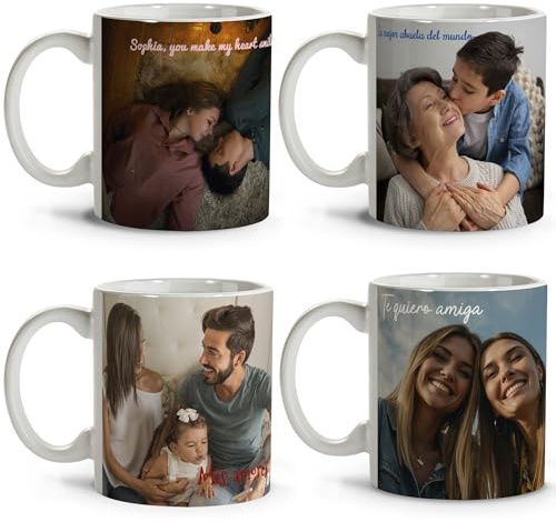 LolaPix Tazze personalizzate. Tazze con nome. Personalizzate con foto e testo. Tazze originali da regalare. Tazze per la colazione. Regali personalizzati. 4 Tazze