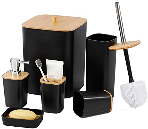 JETAINE 6-teiliges Bambus-Badezimmer-Zubehör-Set, luxuriöses modernes Accessoire, schwarzes WC-Zubehör mit Mülleimer, Zahnbürstenhalter, Tasse, Seifenschale und Seifenspender