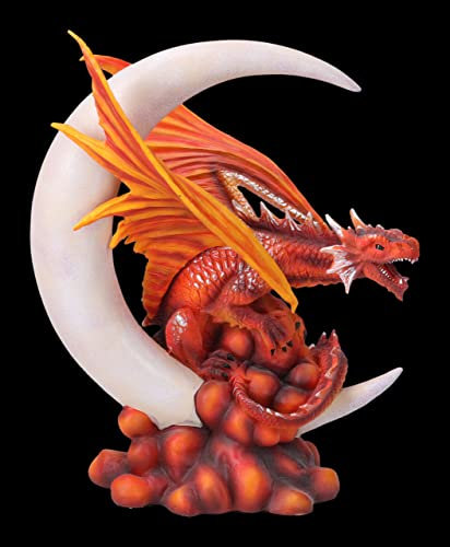Statuetta di drago di fuoco rosso su mezzaluna, 18 cm | Statua decorativa fantasy